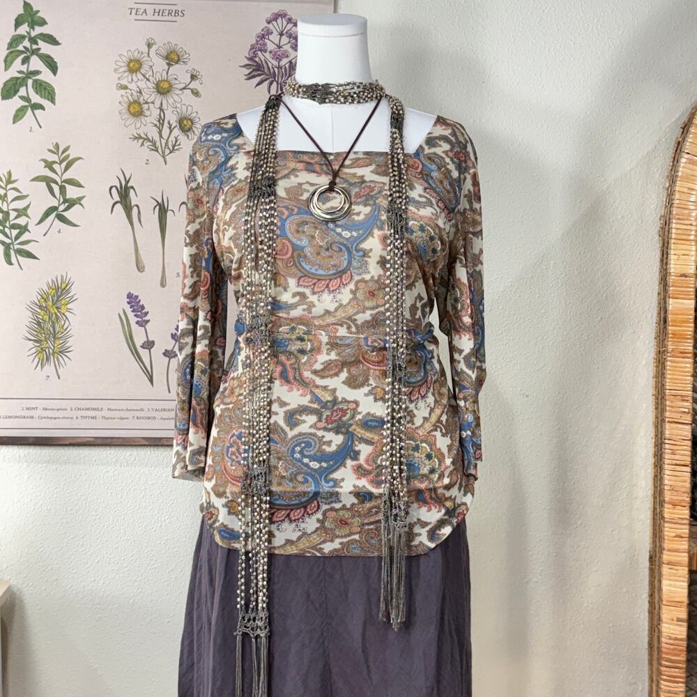 Vtg 90s Y2k Paisley Mesh 3/4 Sleeve Top Fairy Grunge Whimsy Boho Hippie Forest L